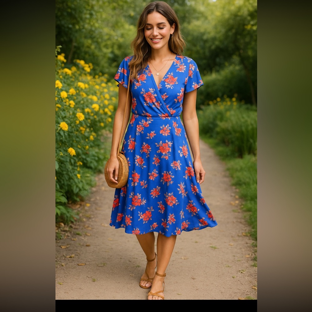 Tabitha Webb Blue Floral Wrap-Style Dress Size M